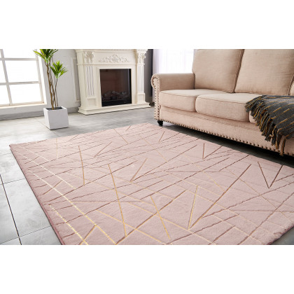 Furnings Lily Luxury Dust Pink Geometric Washable Abstract Gold-Gilded Chinchilla Faux Fur Area Rug - 11'L x 8'W
