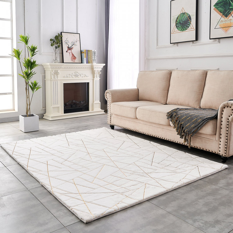 Furnings Lily Luxury White Geometric Abstract Gold-Gilded Chinchilla Faux Fur Area Rug - 7'L x 5'W