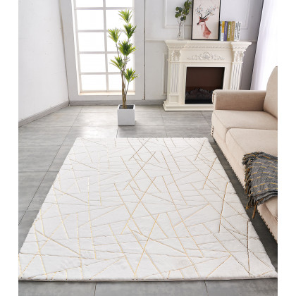 Furnings Lily Luxury White Geometric Abstract Gold-Gilded Chinchilla Faux Fur Area Rug - 7'L x 5'W