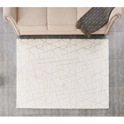 Furnings Lily Luxury White Geometric Abstract Gold-Gilded Chinchilla Faux Fur Area Rug - 7'L x 5'W