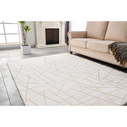 Furnings Lily Luxury White Geometric Abstract Gold-Gilded Chinchilla Faux Fur Area Rug - 7'L x 5'W