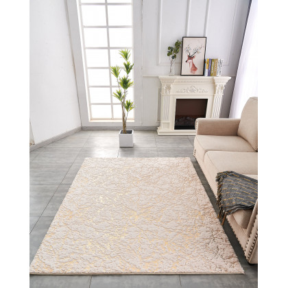 Furnings Lily Luxury Beige Abstract Gold-Gilded Chinchilla Faux Fur Area Rug - 7'L x 5'W