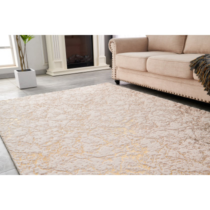 Furnings Lily Luxury Beige Abstract Gold-Gilded Chinchilla Faux Fur Area Rug - 7'L x 5'W