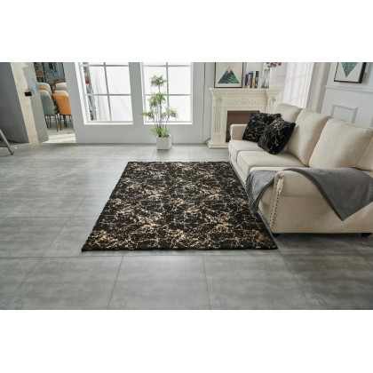 Furnings Lily Luxury Washable Black Abstract Gold-Gilded Chinchilla Faux Fur Area Rug - 9'L x 6'W