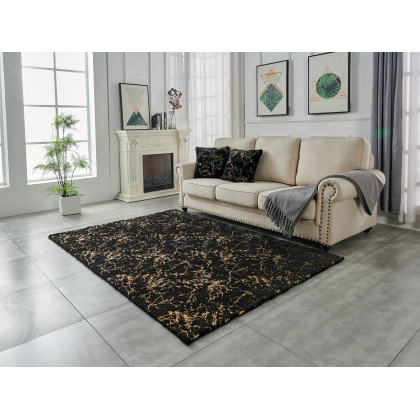Furnings Lily Luxury Washable Black Abstract Gold-Gilded Chinchilla Faux Fur Area Rug - 9'L x 6'W