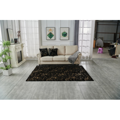 Furnings Lily Luxury Washable Black Abstract Gold-Gilded Chinchilla Faux Fur Area Rug - 9'L x 6'W