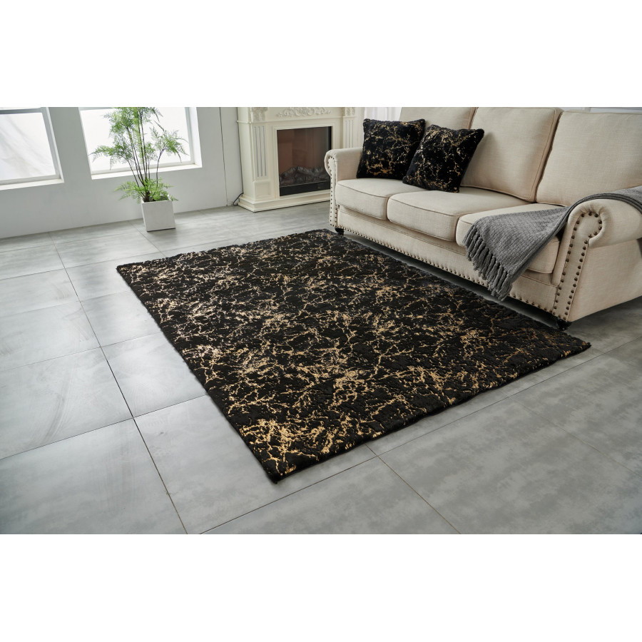 Furnings Lily Luxury Washable Black Abstract Gold-Gilded Chinchilla Faux Fur Area Rug - 10.5'L x 7.5'W