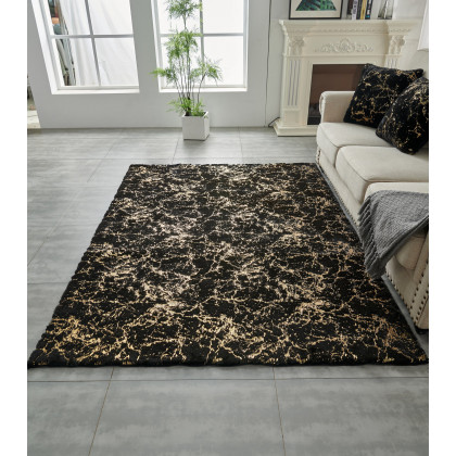 Furnings Lily Luxury Washable Black Abstract Gold-Gilded Chinchilla Faux Fur Area Rug - 10.5'L x 7.5'W