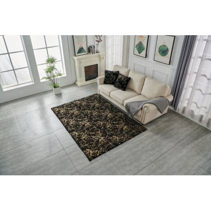 Furnings Lily Luxury Washable Black Abstract Gold-Gilded Chinchilla Faux Fur Area Rug - 10.5'L x 7.5'W