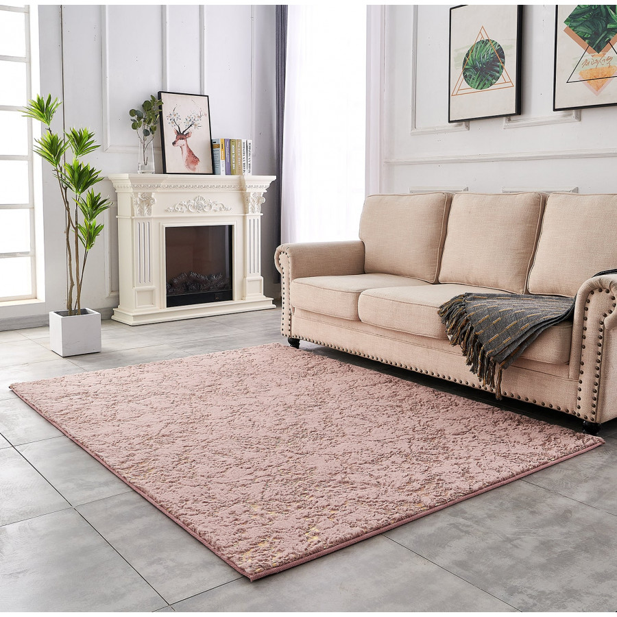 Furnings Lily Luxury Washable Dust Pink Abstract Gold-Gilded Chinchilla Faux Fur Area Rug - 3'L x 2'W