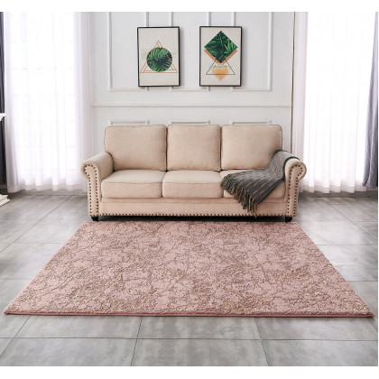 Furnings Lily Luxury Washable Dust Pink Abstract Gold-Gilded Chinchilla Faux Fur Area Rug - 3'L x 2'W