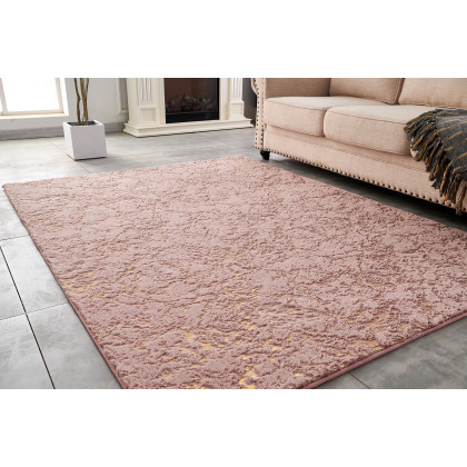 Furnings Lily Luxury Washable Dust Pink Abstract Gold-Gilded Chinchilla Faux Fur Area Rug - 3'L x 2'W