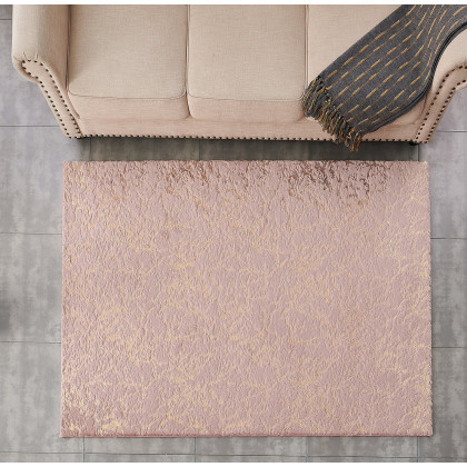 Furnings Lily Luxury Washable Dust Pink Abstract Gold-Gilded Chinchilla Faux Fur Area Rug - 3'L x 2'W