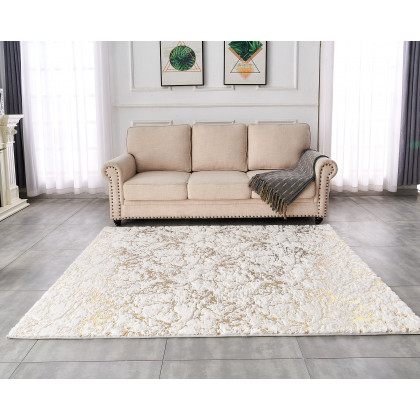 Furnings Lily Luxury White Washable Abstract Gold-Gilded Chinchilla Faux Fur Area Rug - 7'L x 5'W