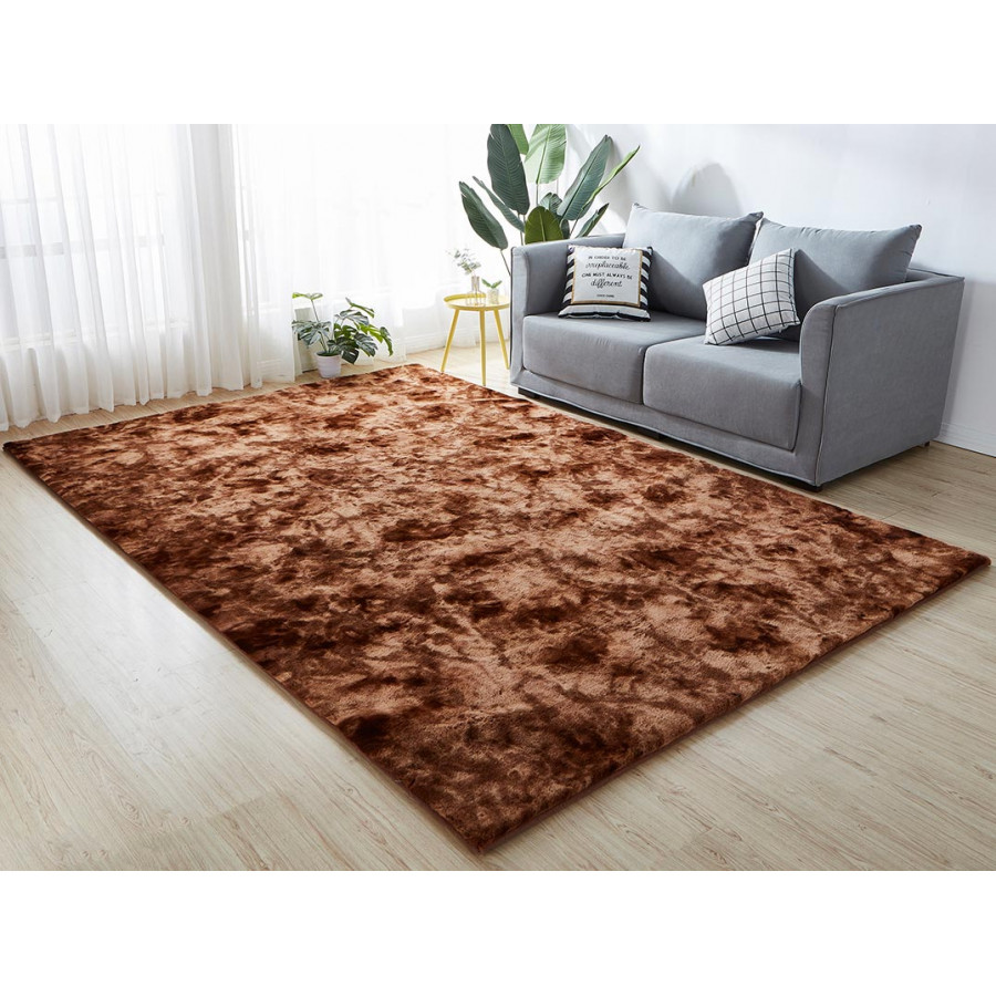 Furnings - Lily Luxury Brown Tie-Die Chinchilla Faux Fur Area Rug