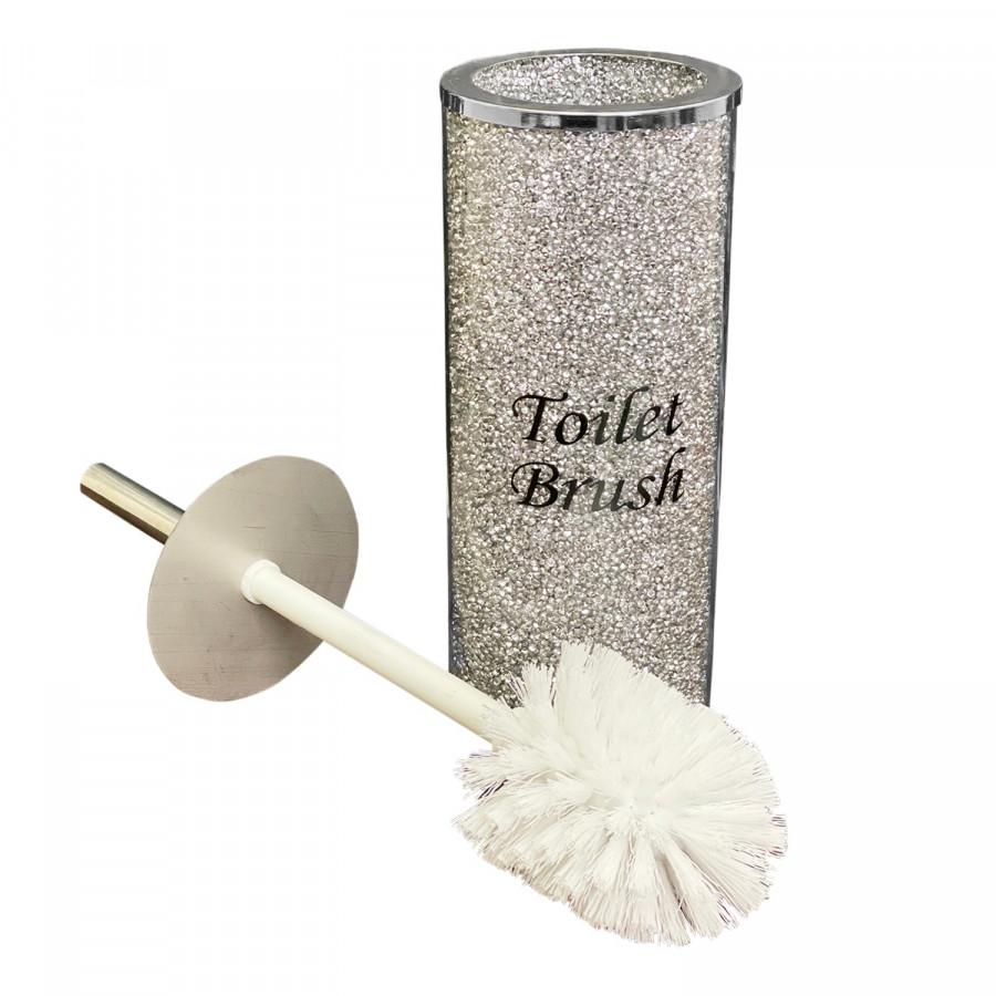 Furnings Toilet Brush Holder with Brush in Gift Box, Silver Crushed Diamond Glass