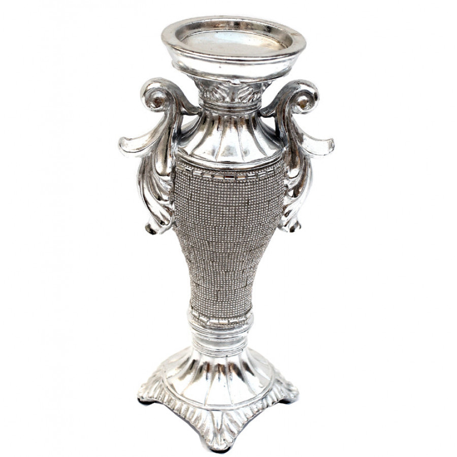 Furnings - Ambrose Chrome Plated Crystal Embellished Ceramic Candlestick Holder (6 In. x 4 In. x 11.5 In.)