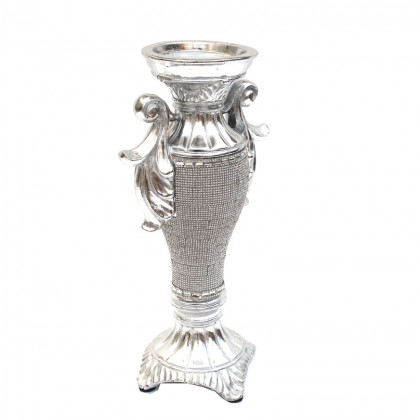 Furnings - Ambrose Chrome Plated Crystal Embellished Ceramic Candlestick Holder (6 In. x 4 In. x 11.5 In.)