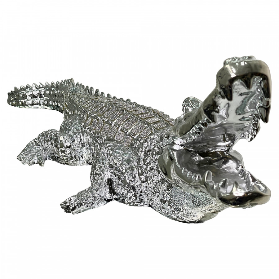 Furnings Ambrose Diamond Encrusted Chrome Plated Crocodile - 25"L X 9"W X 7.5"H