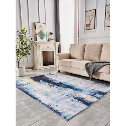 Furnings Zara Abstract Design Machine Washable Gray Blue Yellow Area Rug - 5'L x 3'W x 1"H