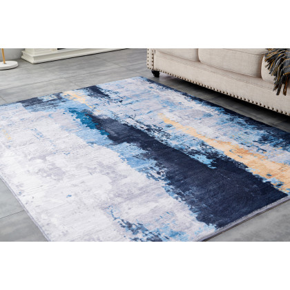 Furnings Zara Abstract Design Machine Washable Gray Blue Yellow Area Rug - 7'L x 5'W x 1"H