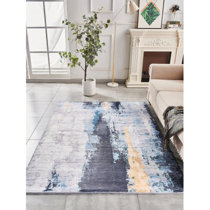 Furnings Zara Abstract Design Machine Washable Gray Blue Yellow Area Rug - 10.5'L x 7.5' x 1"H