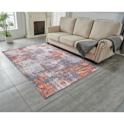Furnings Zara Abstract Design Machine Washable Gray, Brown and Orange Area Rug - 10.5'L x 7.5'W x 1"H