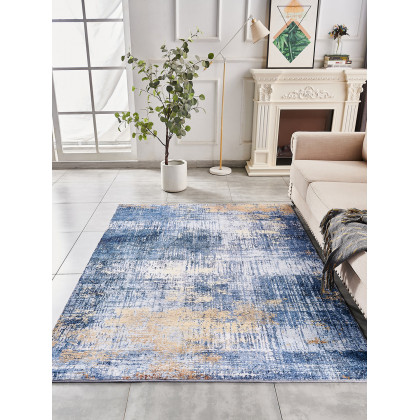 Furnings Zara Abstract Design Machine Washable Blue and Gold Area Rug - 10.5'L x 7.5'W x 1H