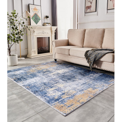 Furnings Zara Abstract Design Machine Washable Blue and Gold Area Rug - 10.5'L x 7.5'W x 1H
