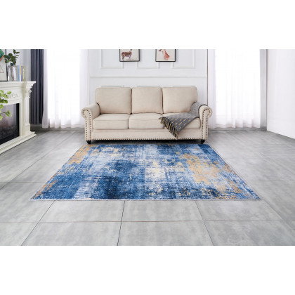 Furnings Zara Abstract Design Machine Washable Blue and Gold Area Rug - 10.5'L x 7.5'W x 1H