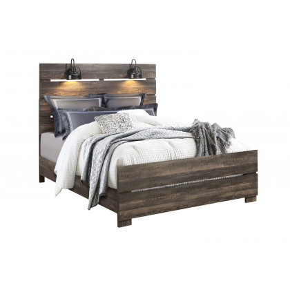 GF Linwood Dark Oak Queen Bed With Lamps