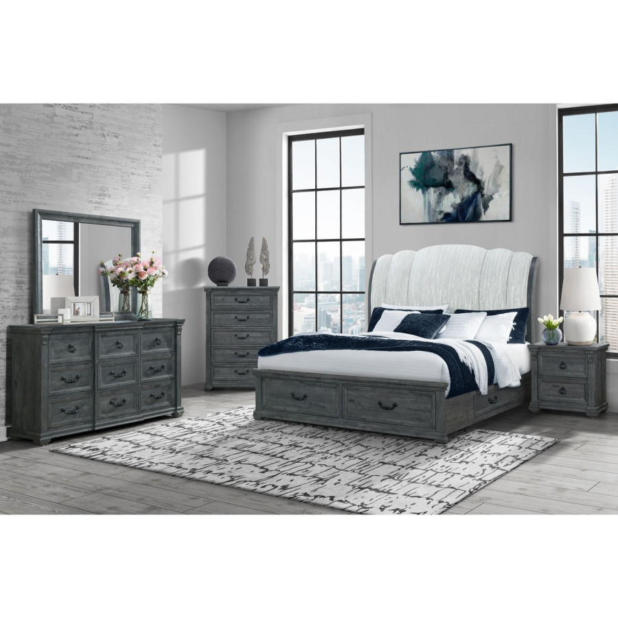 GF Rowan Gray Upholstered Bed, Rowan/Tatum Gray Queen Bed Group Storage