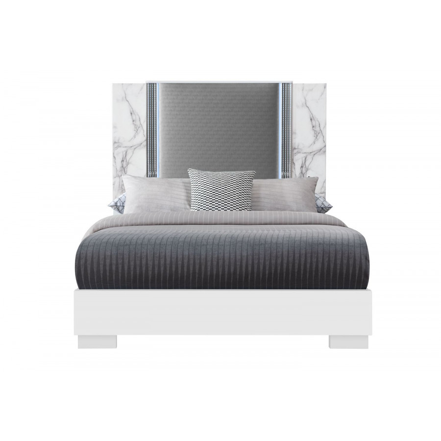 GF Ylime White Marble Queen Bed With Led