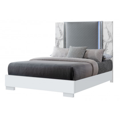 GF Ylime White Marble Queen Bed With Led