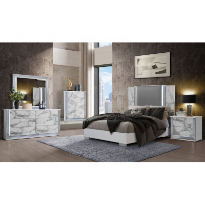 GF Ylime White Marble Queen Bed With Led