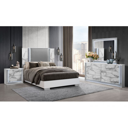 GF Ylime White Marble Queen Bed With Led