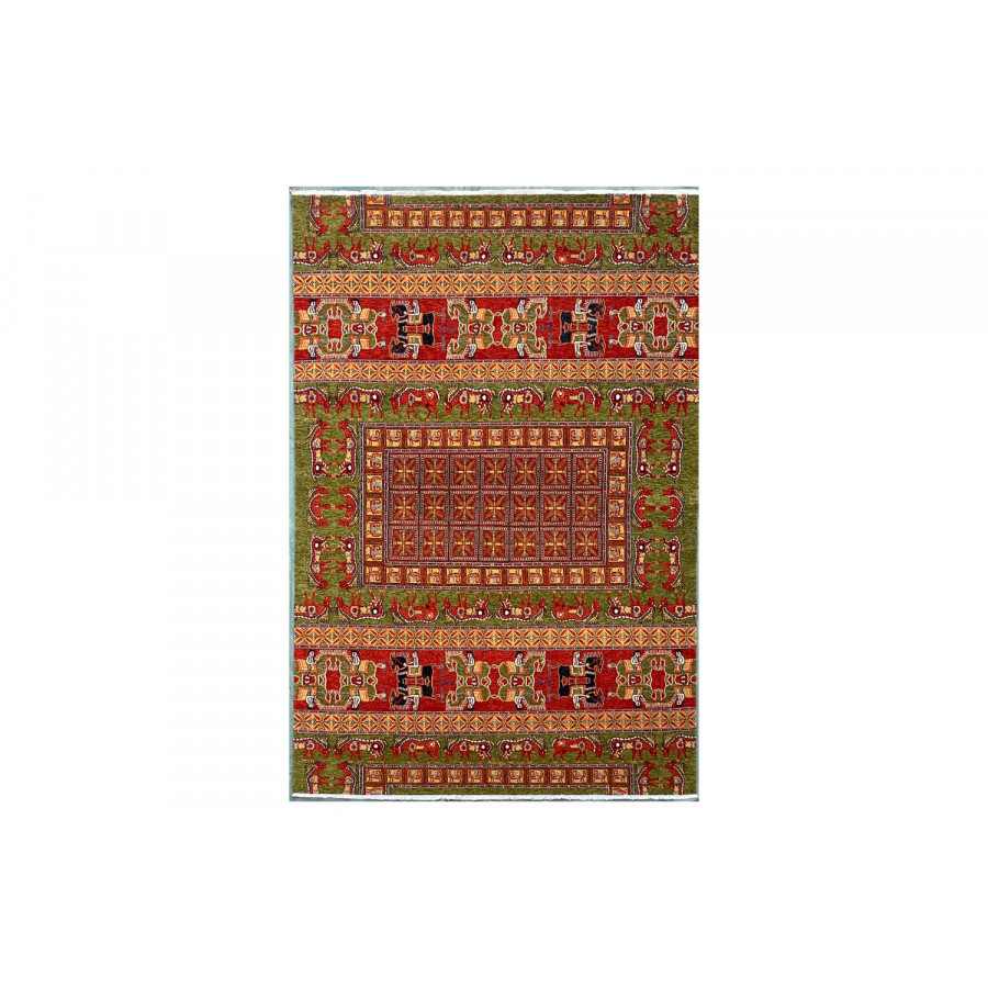 Gordian Rugs Pazyryk Modern Rug 2 - Green/Red/Beige, 4" x 6"
