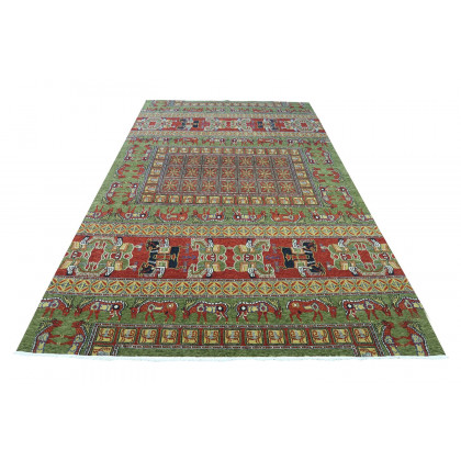 Gordian Rugs Pazyryk Modern Rug 2 - Green/Red/Beige, 4" x 6"