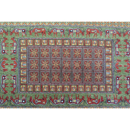 Gordian Rugs Pazyryk Modern Rug 2 - Green/Red/Beige, 4" x 6"