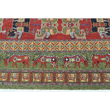 Gordian Rugs Pazyryk Modern Rug 2 - Green/Red/Beige, 4" x 6"