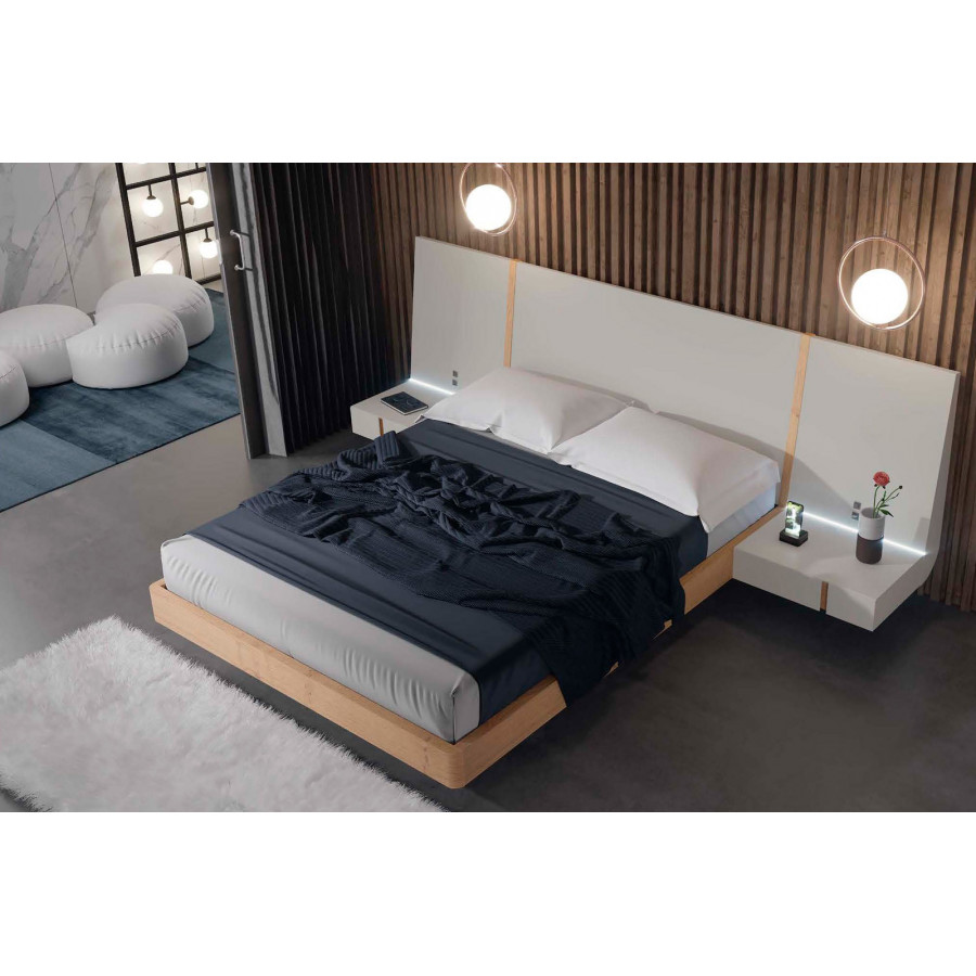 Garcia Sabate Air King Size Bed with Hanged Bedside Tables and Light - Piedra Matt/Roble Montana, Piedra Matt Central Panel