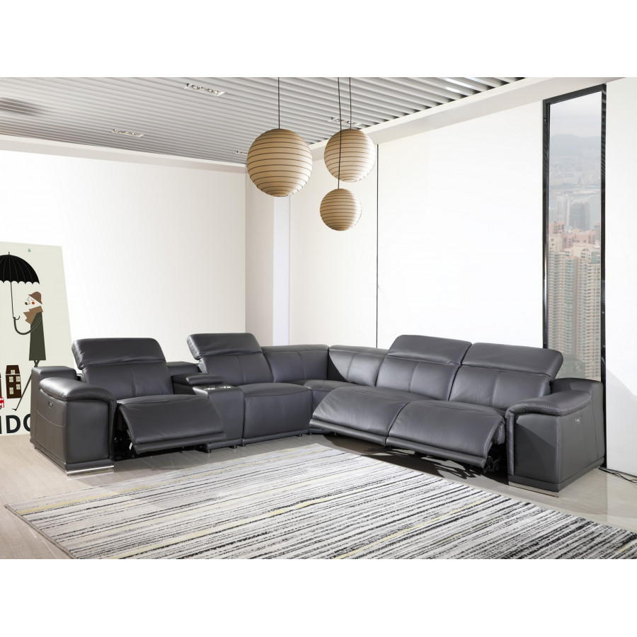 GUF 9762 3 Power Reclining 6pc Sectional with 1 Console - Dark Gray, Genuine Italian Leather
