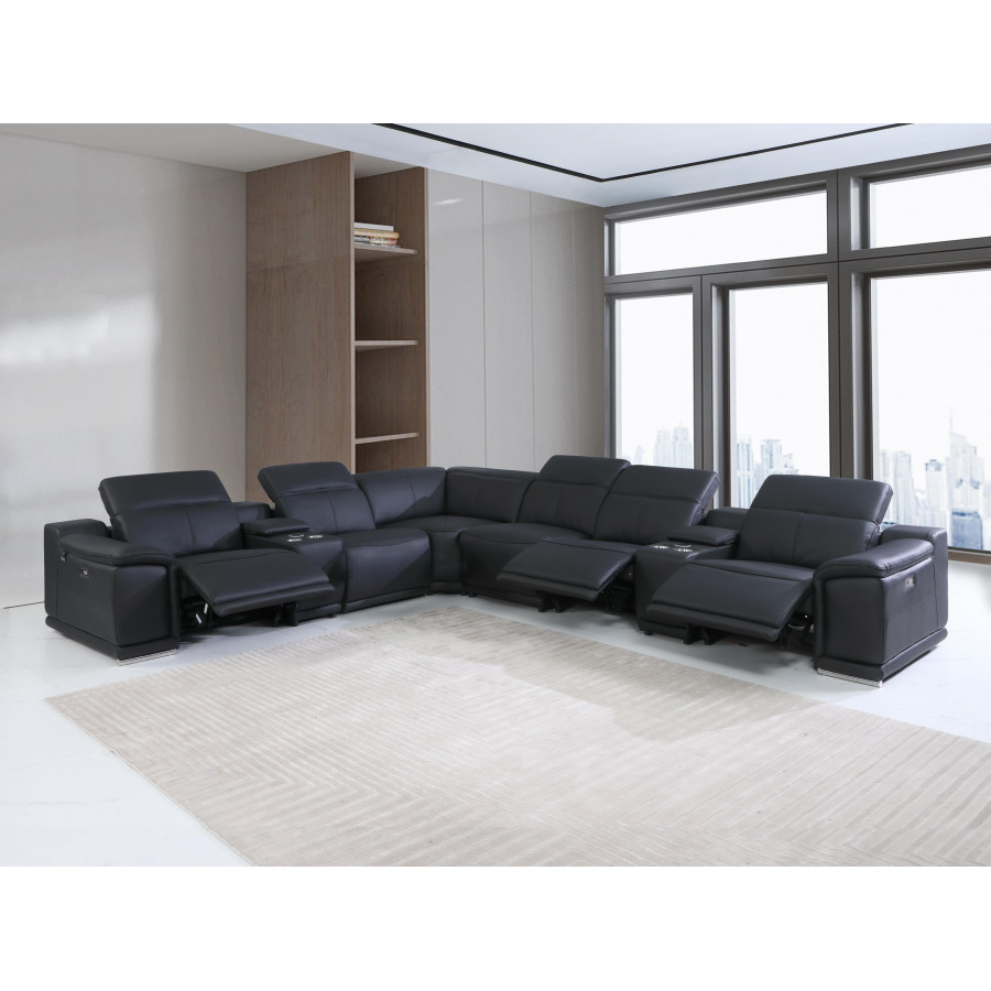 GUF 9762 3 Power Reclining 8pc Sectional with 2 Consoles - Black, Genuine Italian Leather