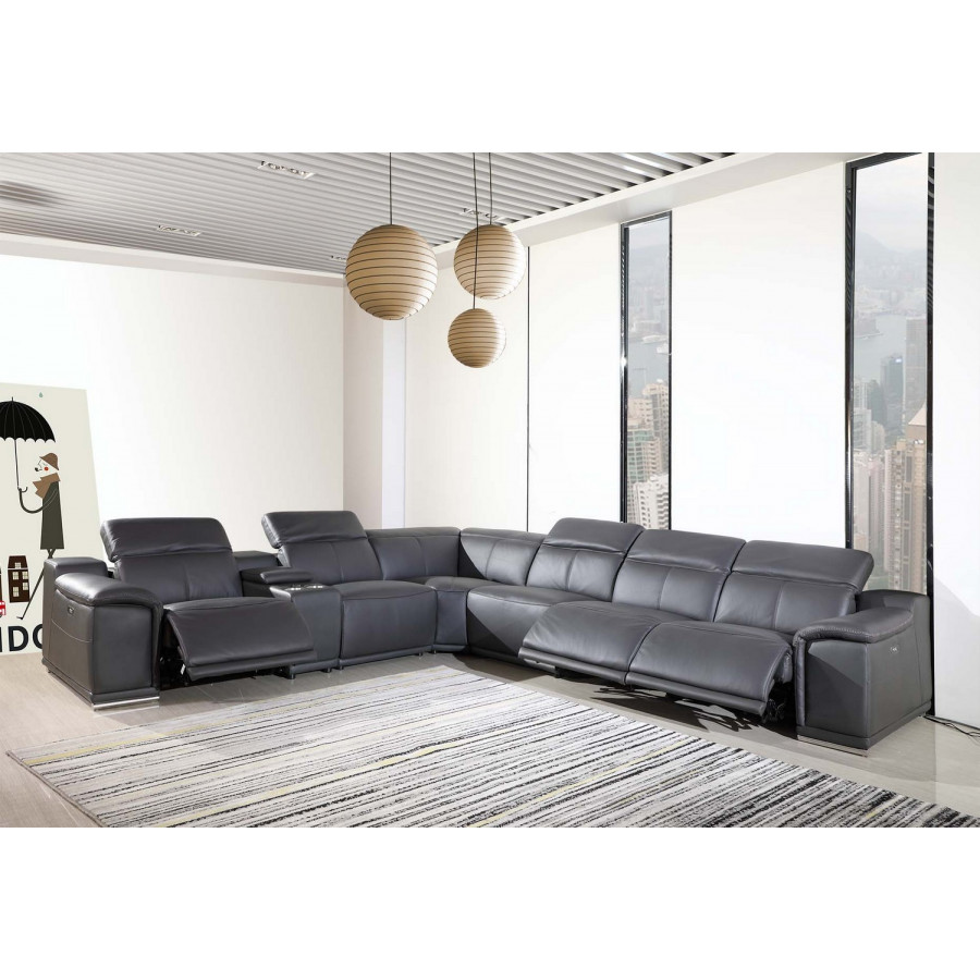 GUF 9762 3 Power Reclining 7pc Sectional with 1 Console - Dark Gray, Genuine Italian Leather