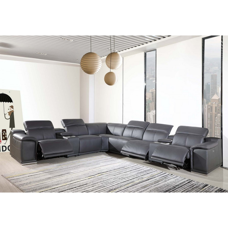 GUF 9762 3 Power Reclining 8pc Sectional with 2 Console - Dark Gray, Genuine Italian Leather