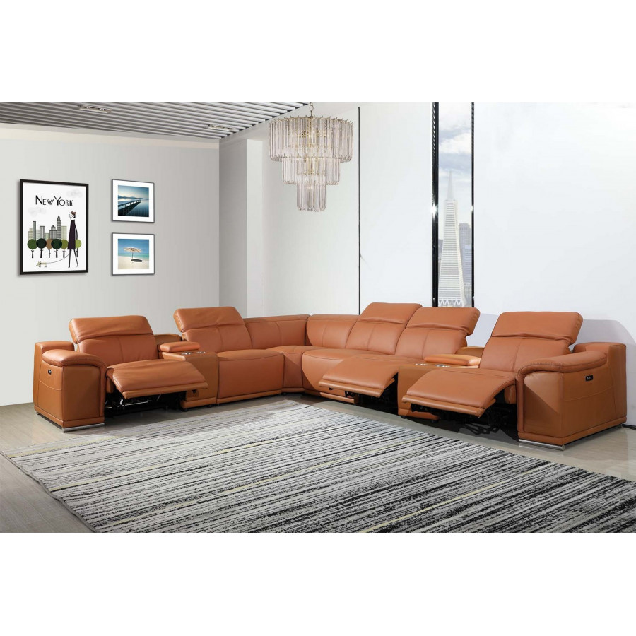 GUF 9762 3 Power Reclining 8pc Sectional with 2 Consoles - Camel, Genuine Italian Leather