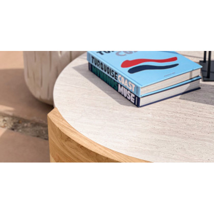 Harbour Catalina Round Coffee Table in Teak Natural / Travertine Cream