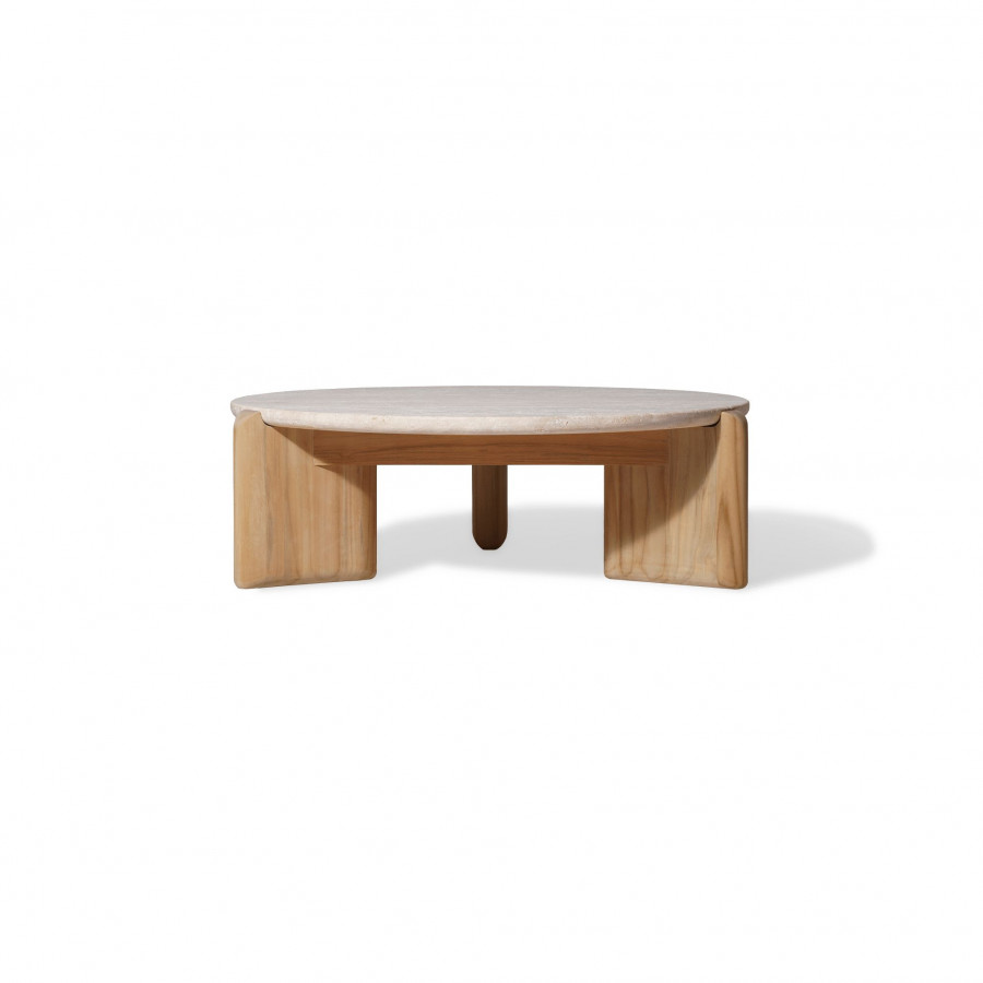 Harbour Chloe Round Coffee Table in Teak Natural / Travertine Cream