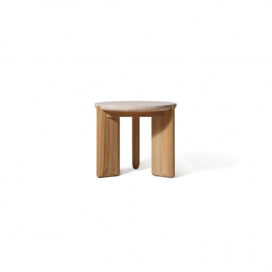 Harbour Chloe Round Side Table in Teak Natural / Travertine Cream