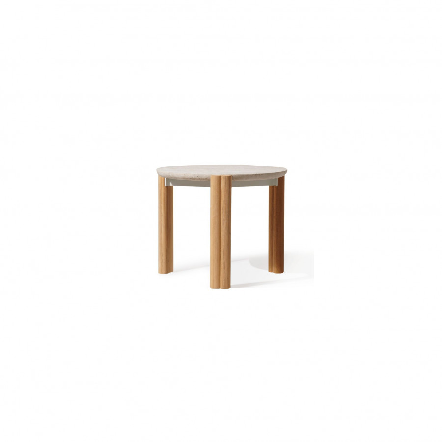Harbour Cove Teak Round Side Table in Teak Natural / Travertine Cream